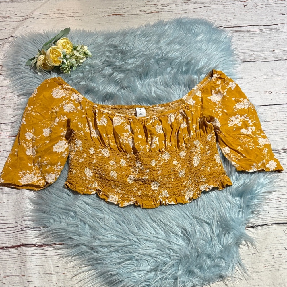BP X Claudia Sulewski Smocked Off-Shoulder Cropped Blouse - Mustard sz L